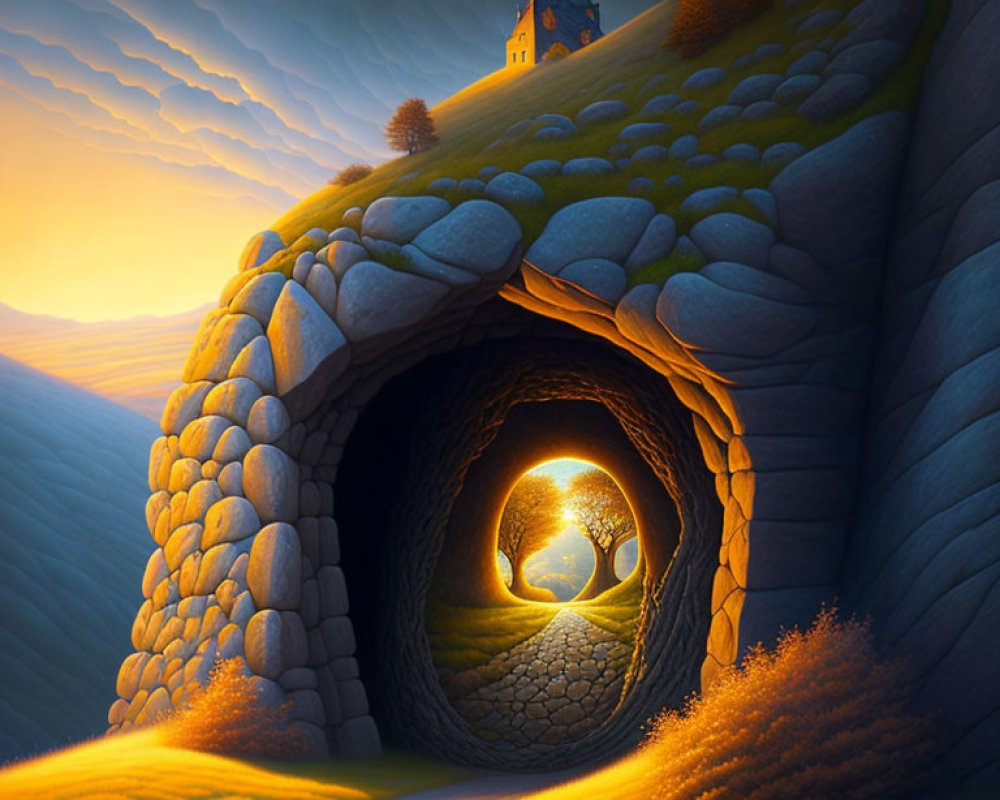 Surreal landscape with glowing tree, spiraling rock, golden fields, and distant castle