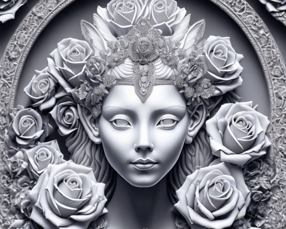 Monochrome female face with floral headpiece and roses in ornate setting