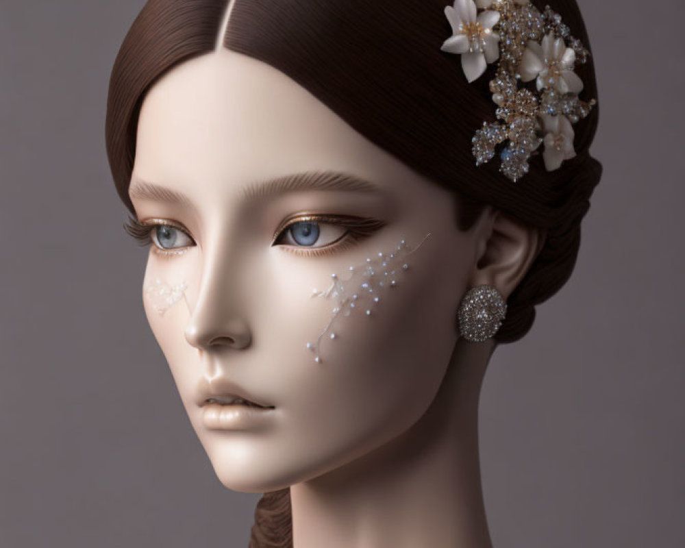 3D-rendered woman with brown hair in bun and floral accessories