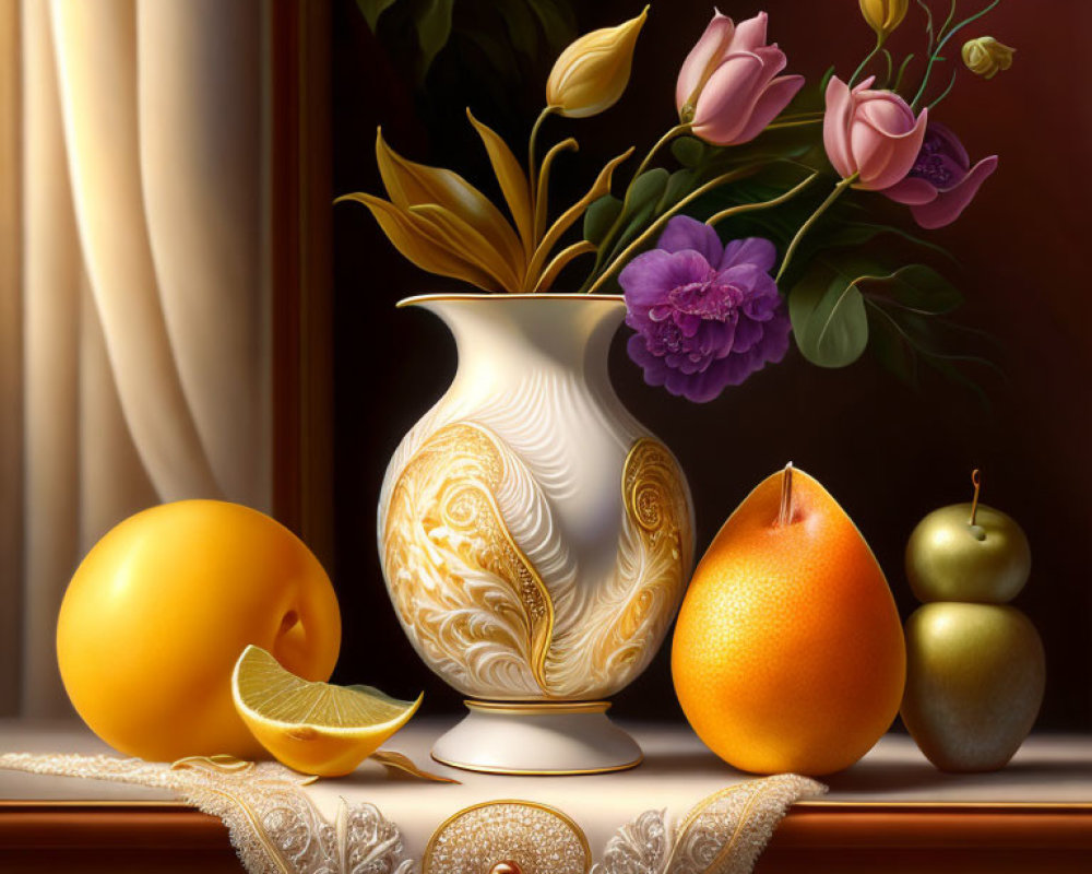 White ornate vase with flowers, lemon, pear, orange on lace-draped table