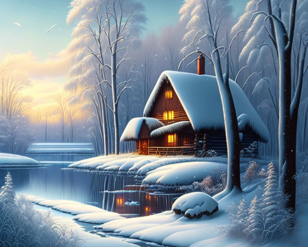 Snowy riverside cabin in tranquil twilight scene