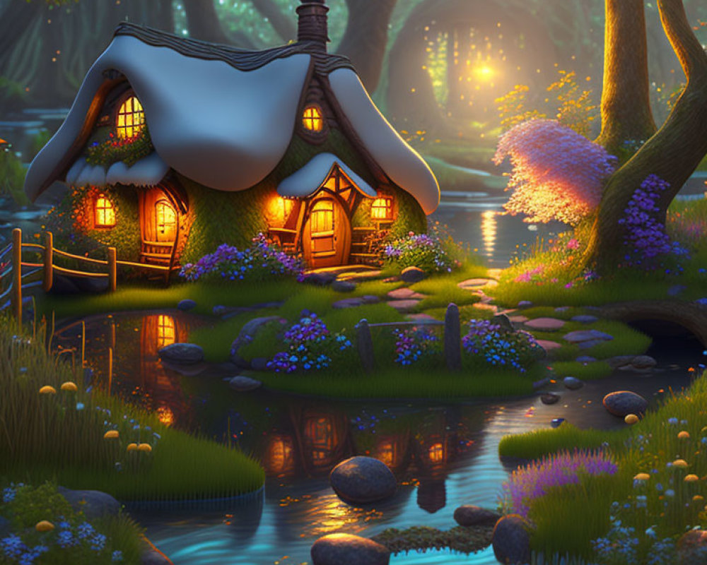 Thatched Roof Cottage in Magical Forest with Stream