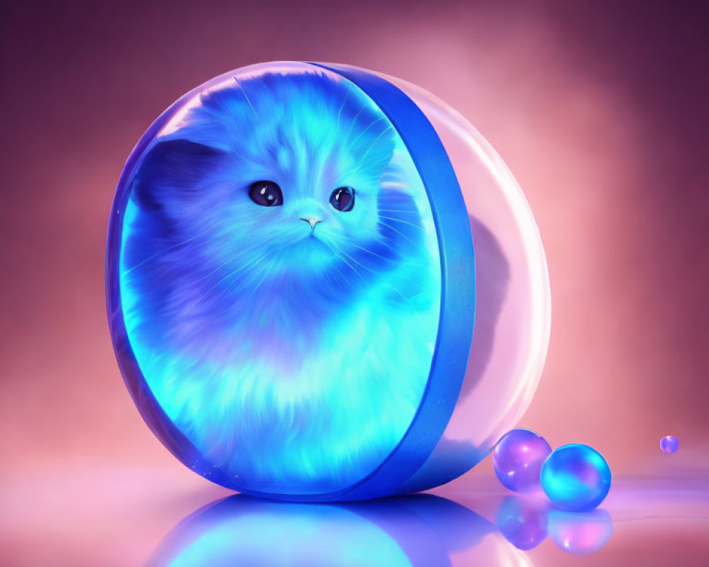 Blue fluffy cat-like creature in translucent sphere on pink-purple background