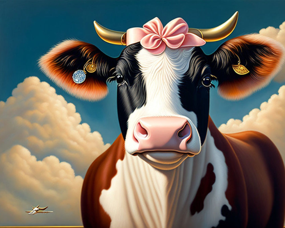 Stylized cow portrait with pink bow and jewelry on blue sky.