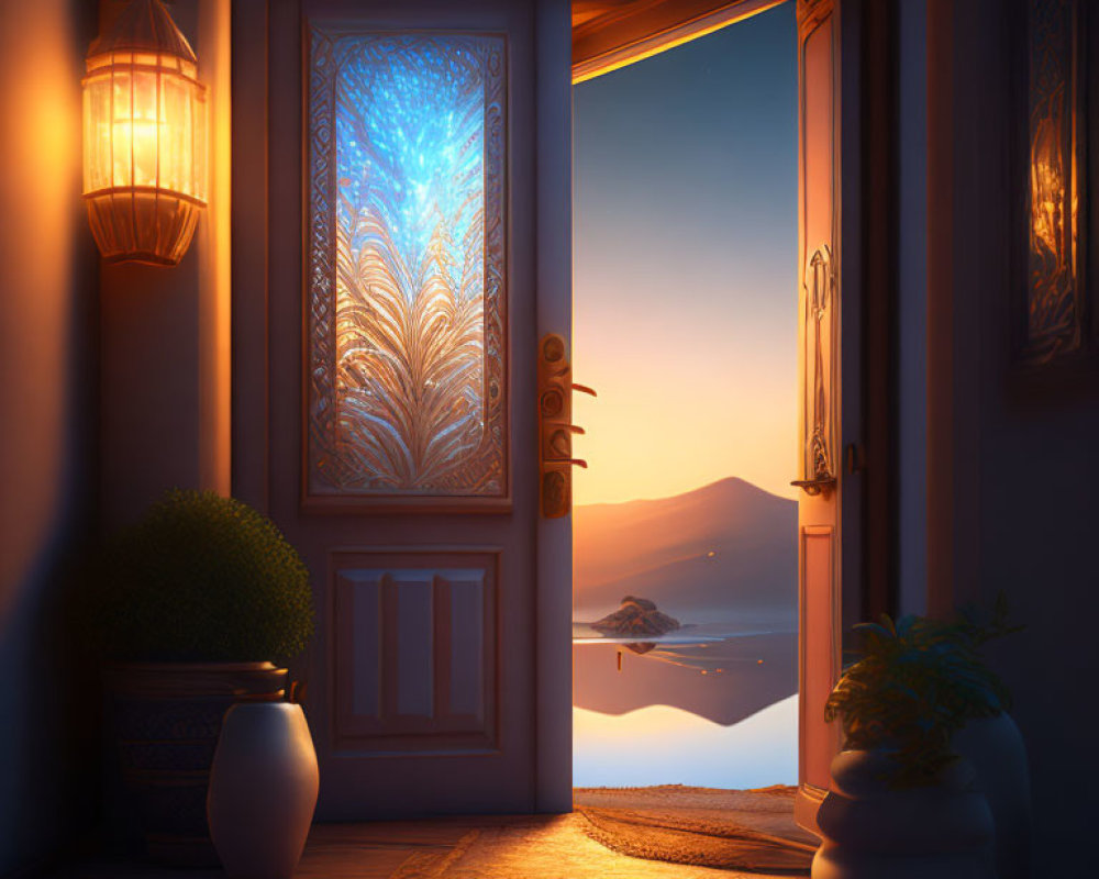 Twilight scene: Open door with vibrant glass, hills, water view