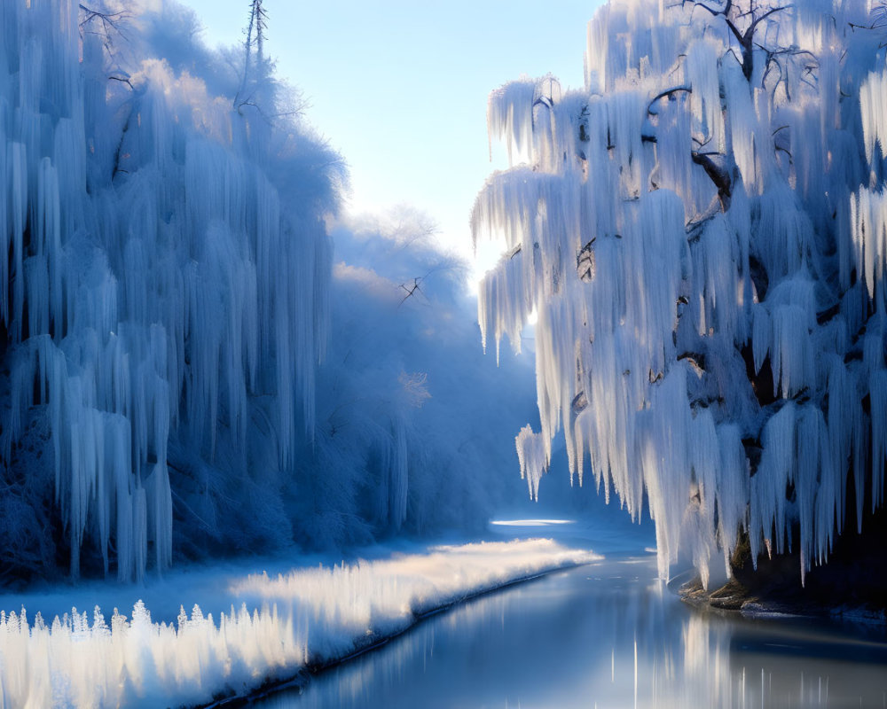 Tranquil winter landscape with frosted trees by flowing river