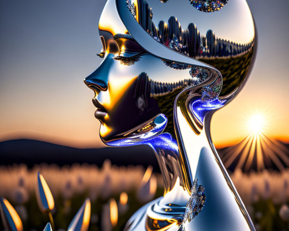 Reflective humanoid figure in surreal landscape with flowers and setting sun