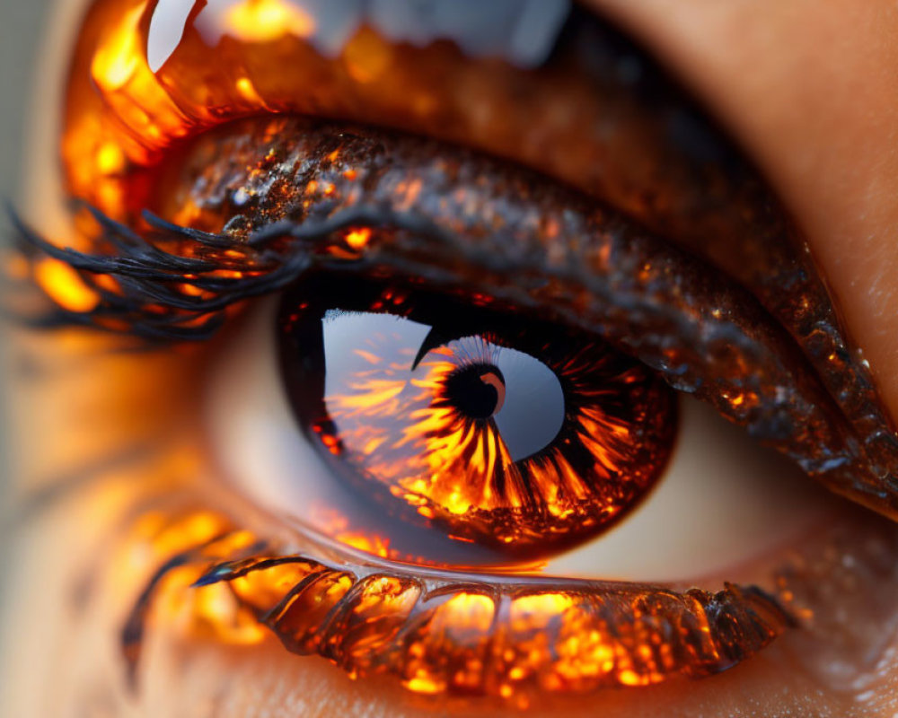 Detailed close-up of human eye with fiery amber iris reflecting inferno