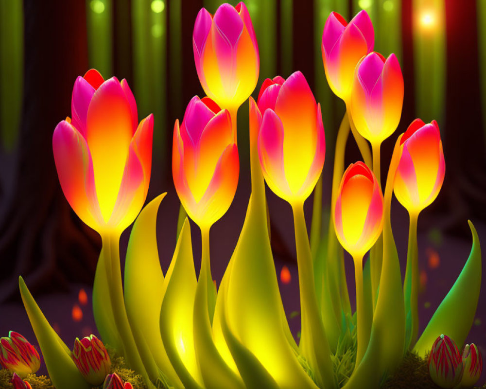 Vibrant tulips glow against dark forest backdrop