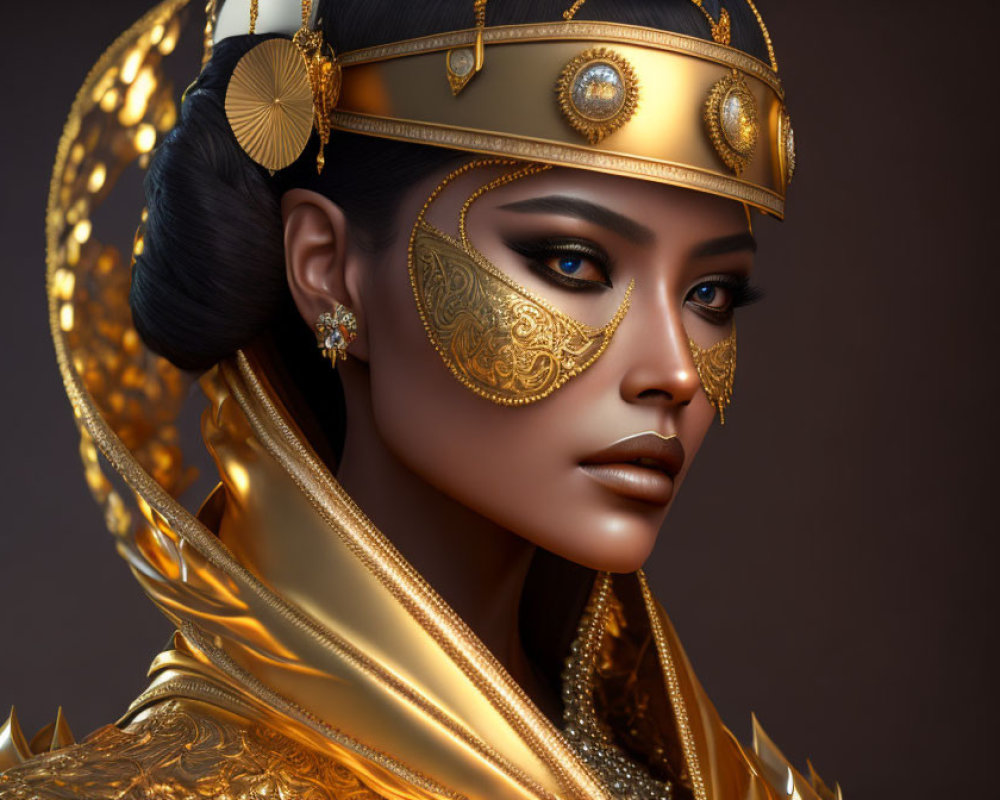 Elaborate digital portrait of a woman in regal gold jewelry