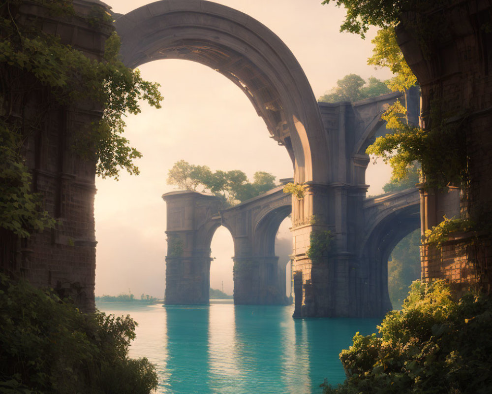 Tranquil lake scene with overgrown arches and sunlight filtering through foliage