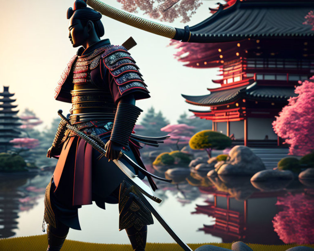 Traditional samurai in armor by tranquil pond with cherry blossoms and pagoda at dusk