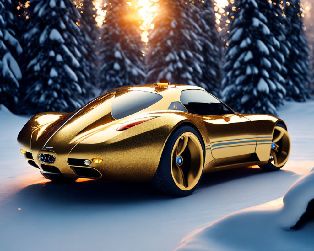 Futuristic golden car with blue accents in snowy forest sunset