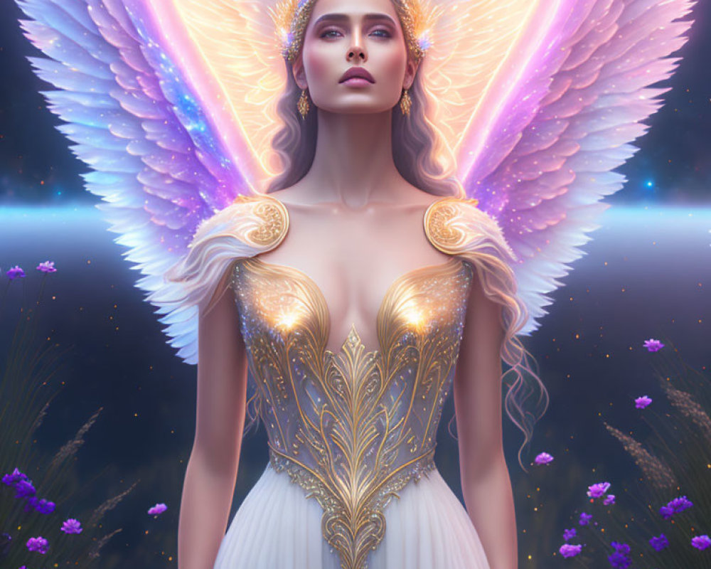 Fantastical woman with multicolored angel wings and golden attire on starry backdrop.