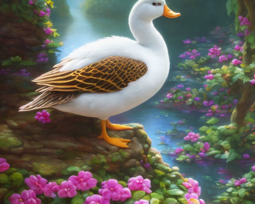 White Duck with Orange Feet in Misty Forest Setting