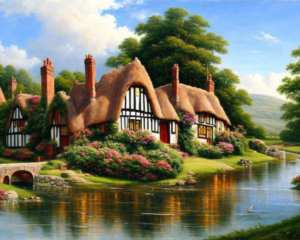 Tranquil rural landscape with thatched cottages, flowerbeds, river, and swans