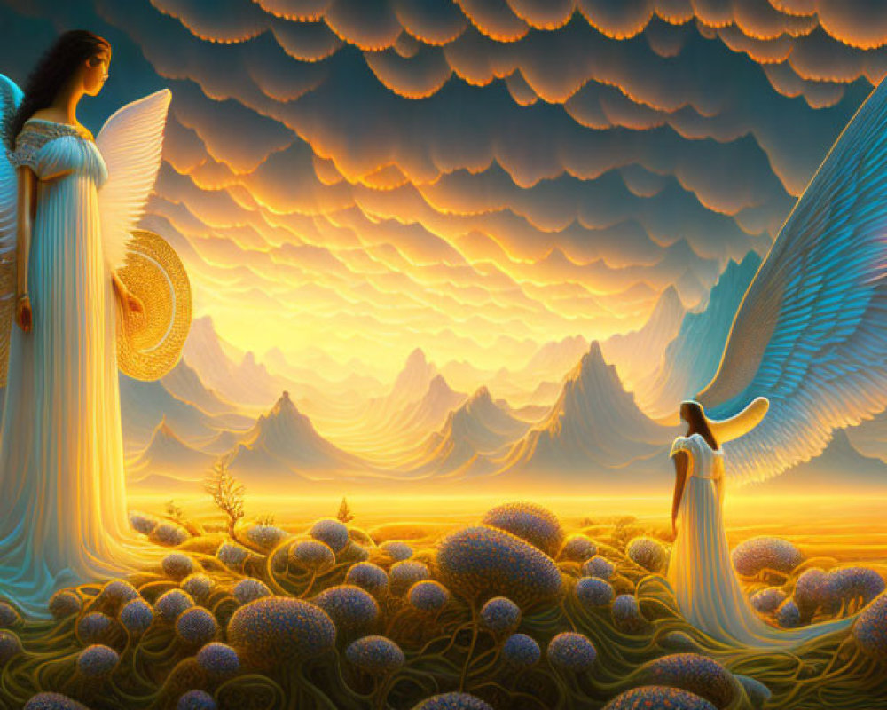 Surreal digital artwork of angelic figures in vibrant landscape