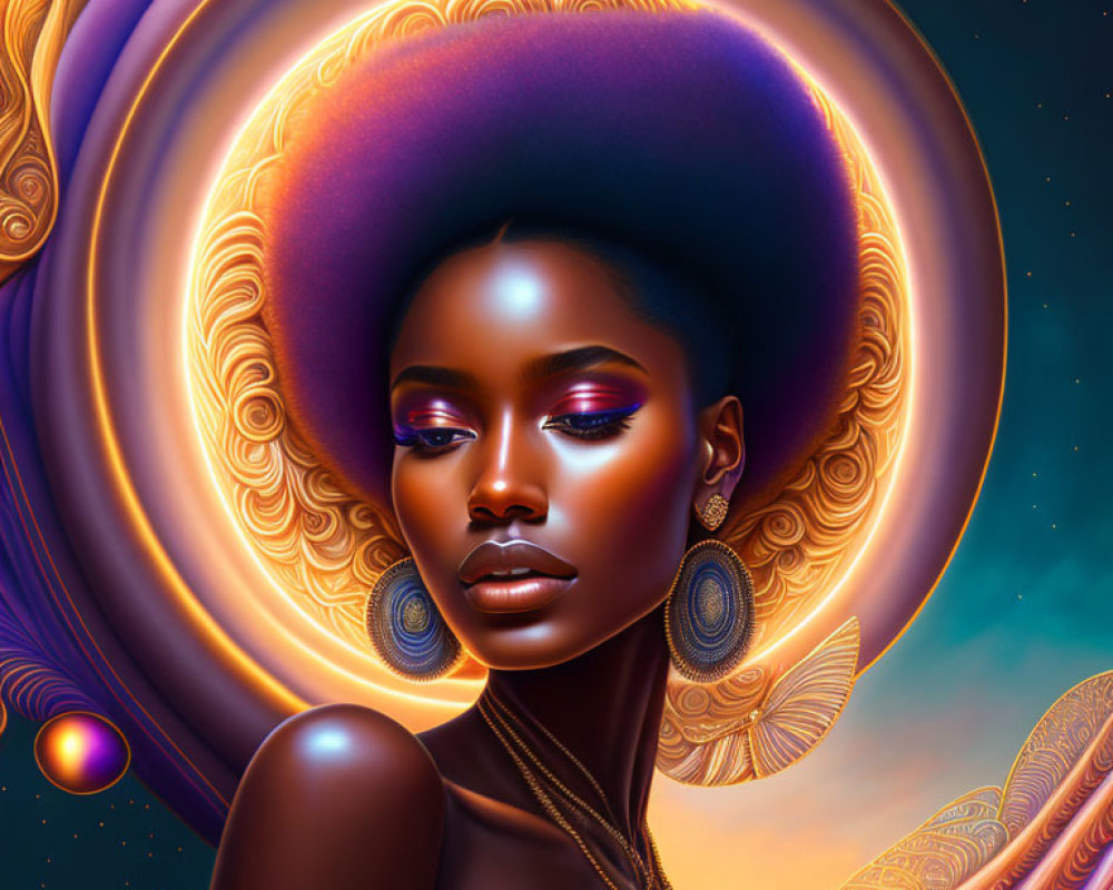 Vibrant cosmic digital artwork of woman with celestial motifs