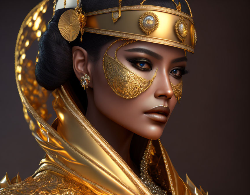 Elaborate digital portrait of a woman in regal gold jewelry