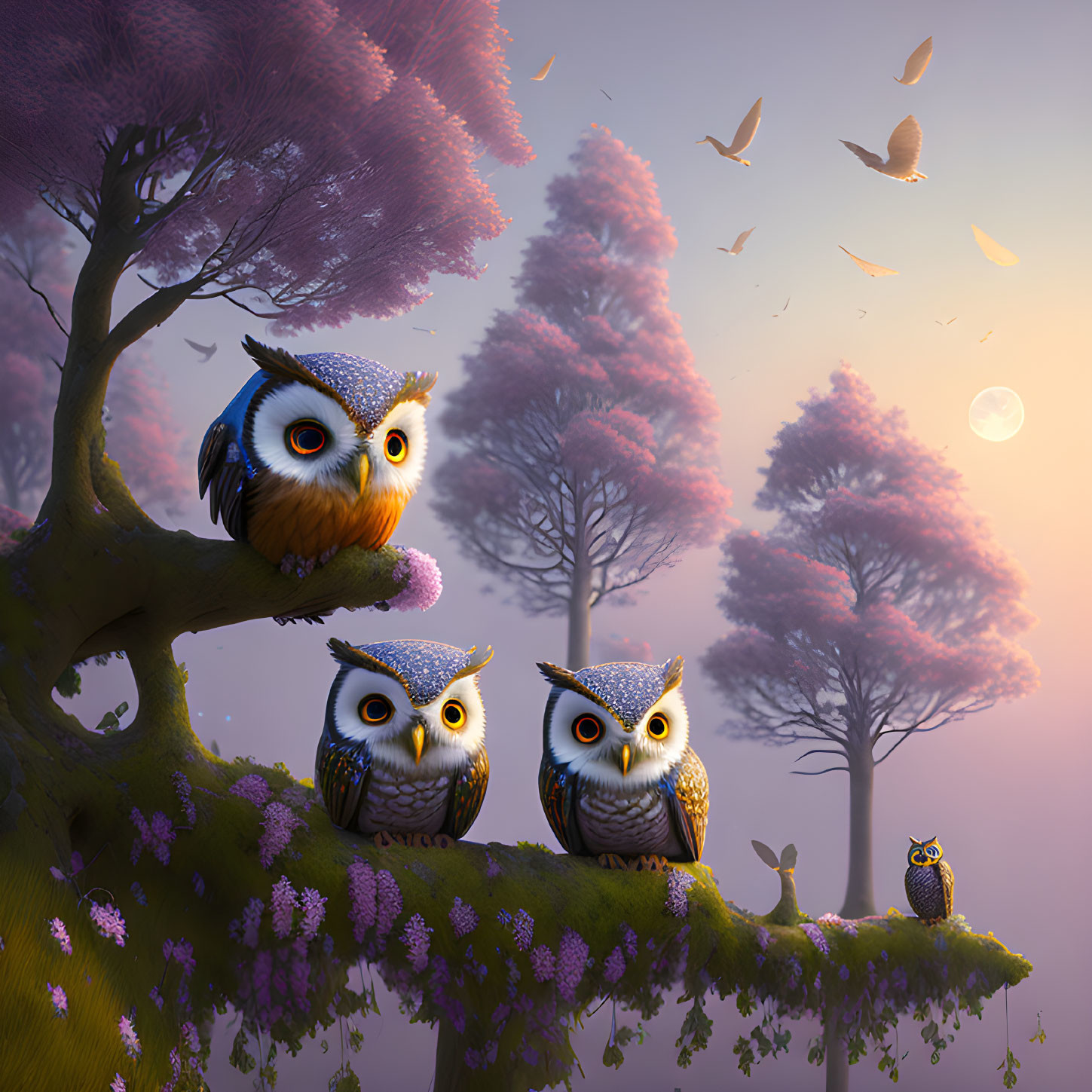 Vibrant animated owls on blossoming tree branch at misty sunset