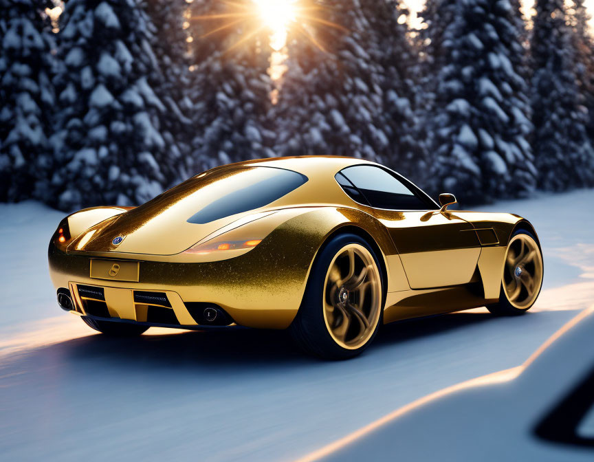 Golden Sports Car Parked on Snowy Road with Pine Trees and Twilight Sky