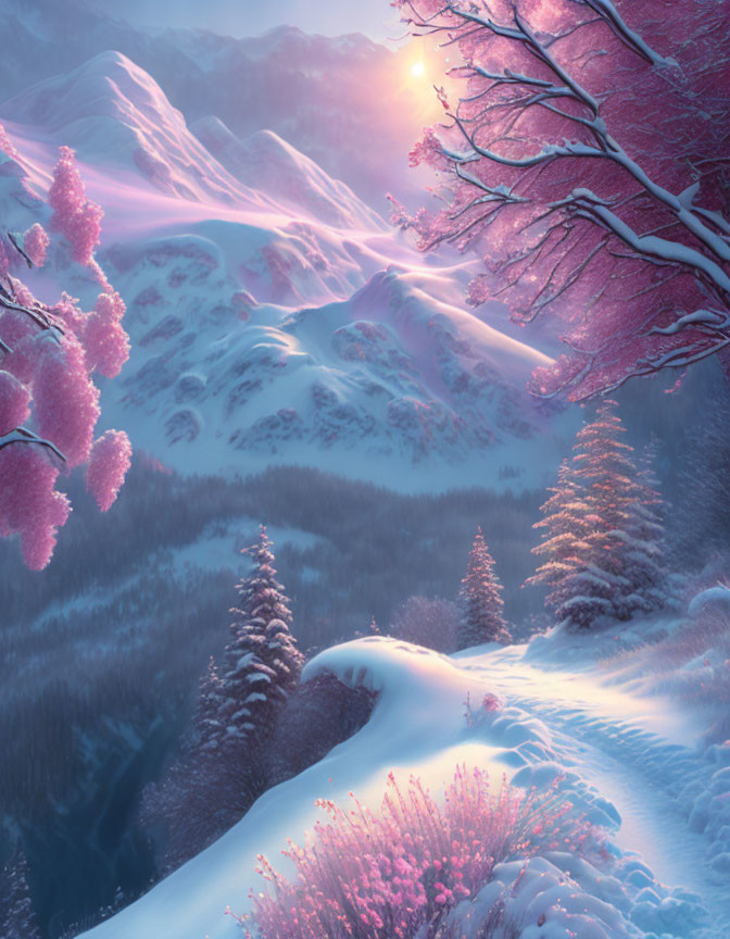 Pink-Hued Winter Sunset Over Snow-Covered Mountains