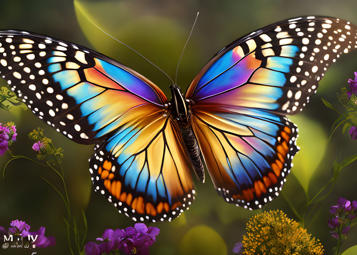 Colorful Butterfly Artwork with Orange, Blue, and Black Wings on Flowers