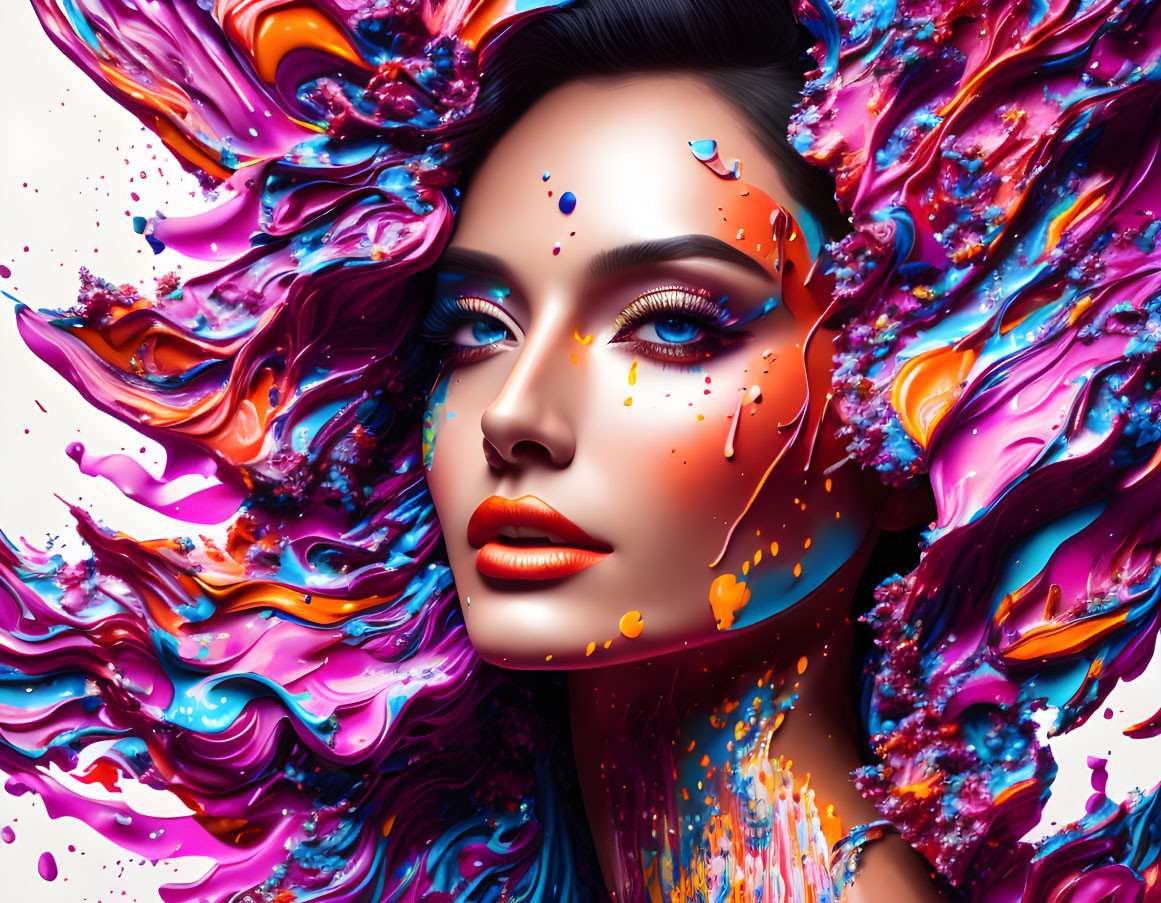 Vibrant liquid art in vivid colors surrounding a woman's creative hair and makeup