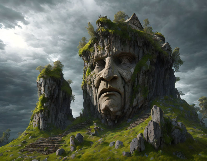 Mountain Sculpted Into Old Man's Face in Fantastical Landscape