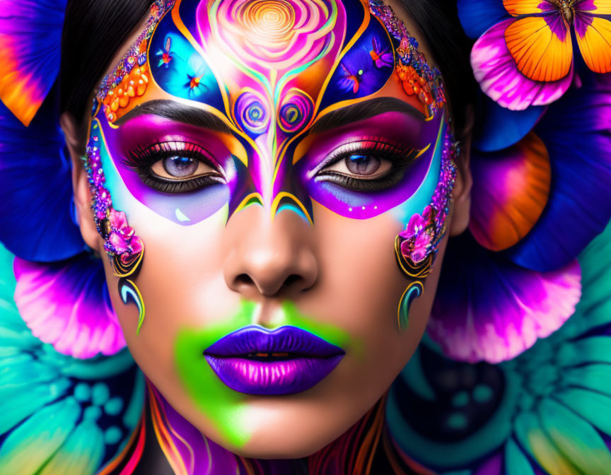 Colorful woman with face paint, floral designs, purple lips, butterflies, and flowers.