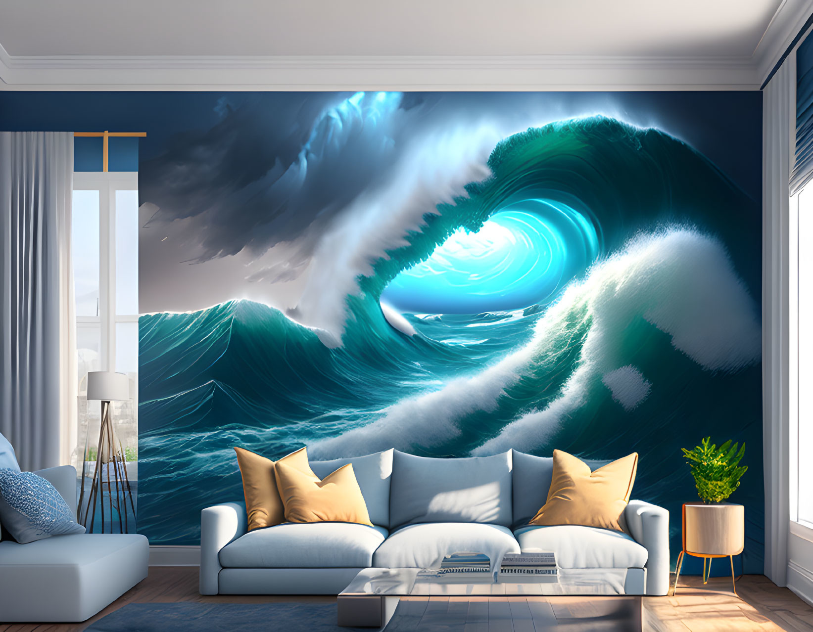 Modern living room with vibrant blue ocean wave mural, white couch, yellow cushions, blue walls, and