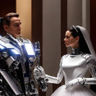 Futuristic humanoid robot and human man in spacesuit with advanced technology