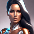 Woman with metallic skin and blue eyes in digital art.