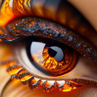 Detailed close-up of human eye with fiery amber iris reflecting inferno