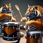 Two animated tigers playing drums in forest setting