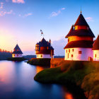 Majestic fairytale castle at sunset by tranquil water