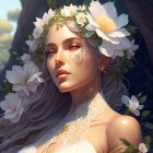 Ethereal woman with floral crown in serene nature backdrop