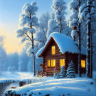 Snowy riverside cabin in tranquil twilight scene