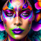 Colorful woman with face paint, floral designs, purple lips, butterflies, and flowers.