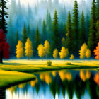 Vibrant autumn landscape: colorful trees, calm lake, mountains, serene sky