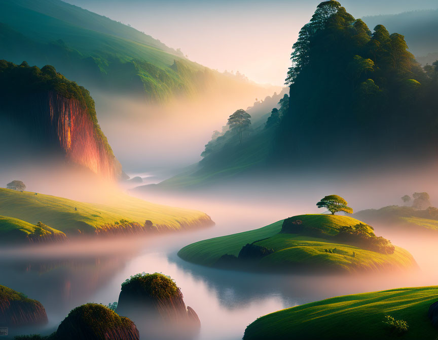 Tranquil landscape with river, hills, trees, and mist at sunrise or sunset