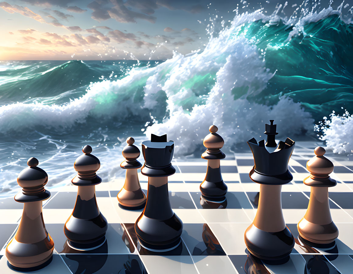 Chessboard with pieces on ocean surface amidst crashing waves