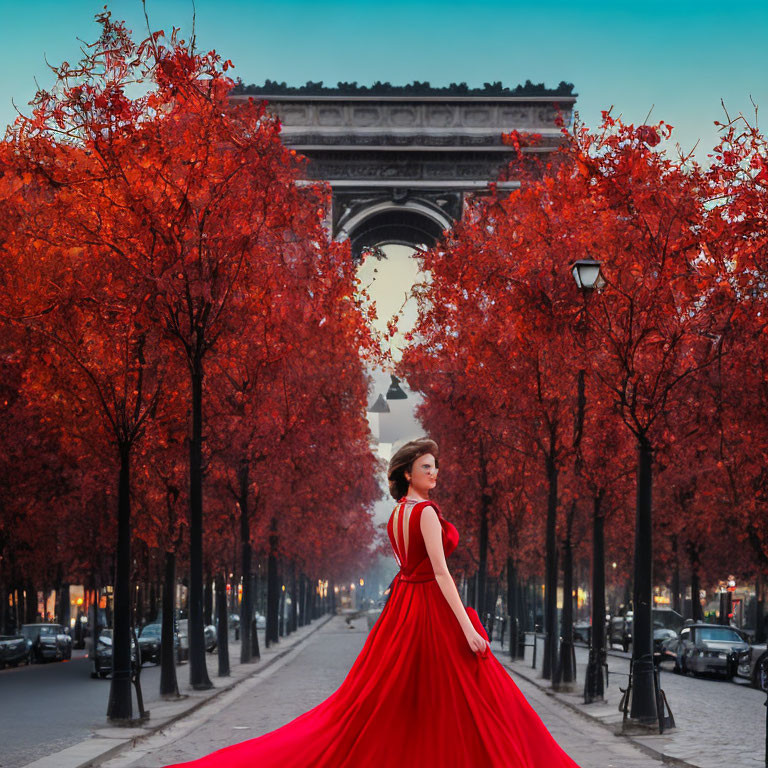 Woman in red dress at tree-lined avenue with Arc de Triomphe in autumn