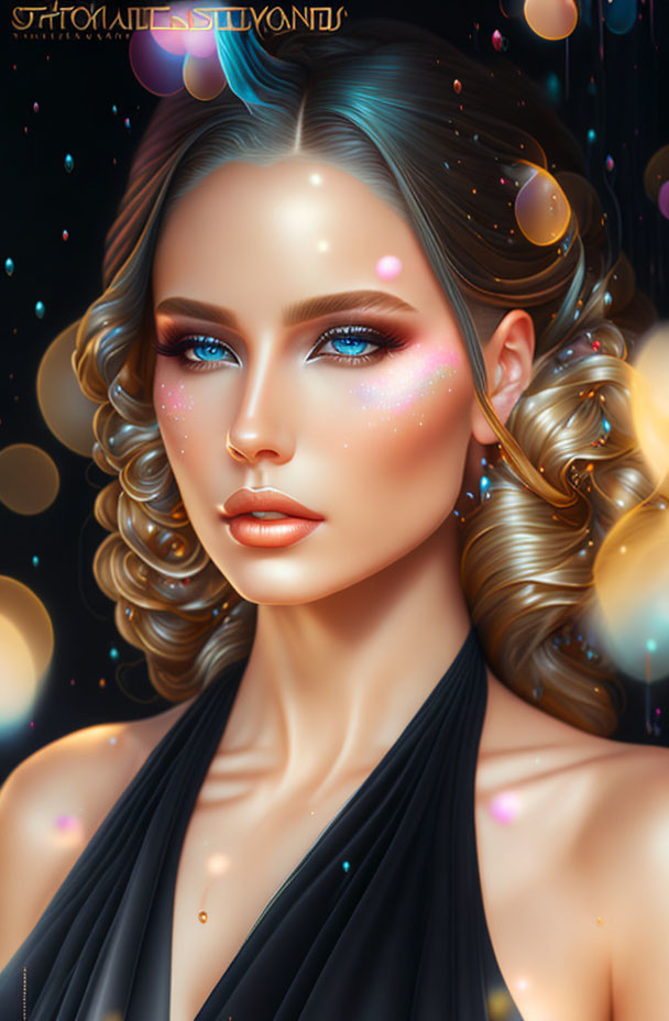 Blonde Woman with Blue Eyes and Glossy Lips in Sparkling Makeup