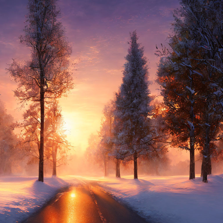 Snow-covered trees in serene winter sunset by road