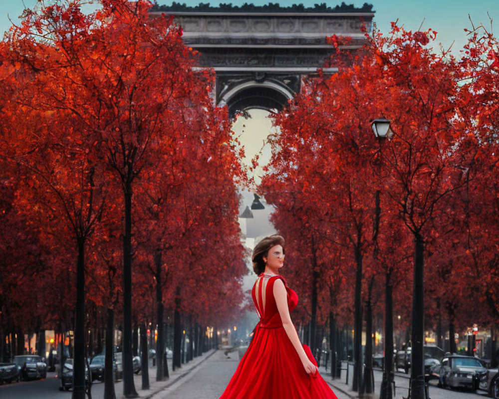 Woman in red dress at tree-lined avenue with Arc de Triomphe in autumn