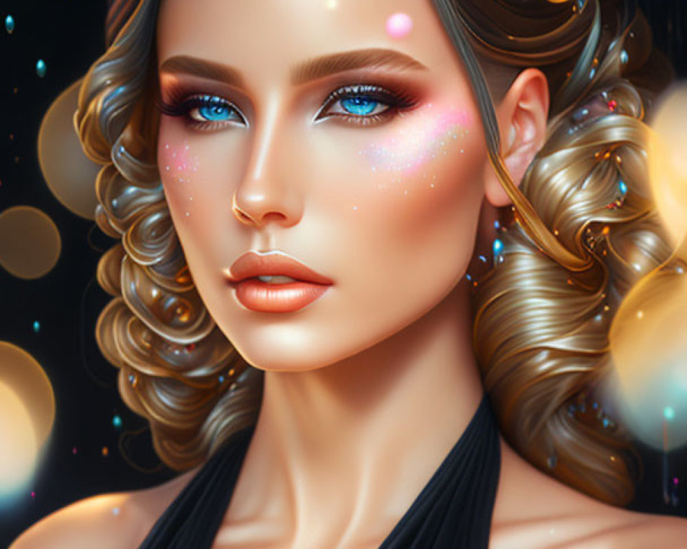 Blonde Woman with Blue Eyes and Glossy Lips in Sparkling Makeup