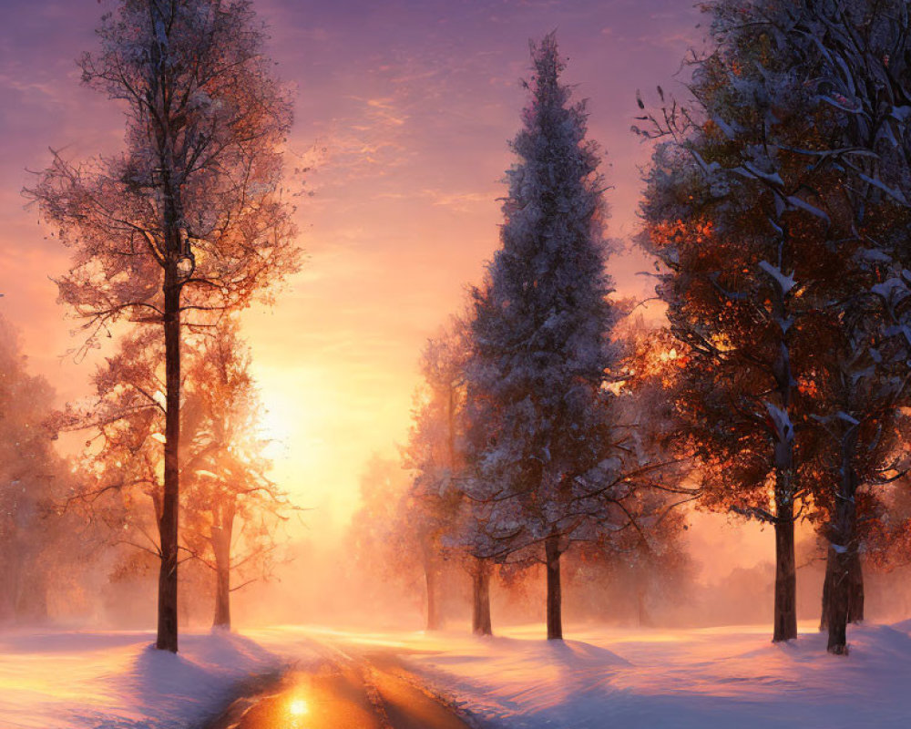 Snow-covered trees in serene winter sunset by road