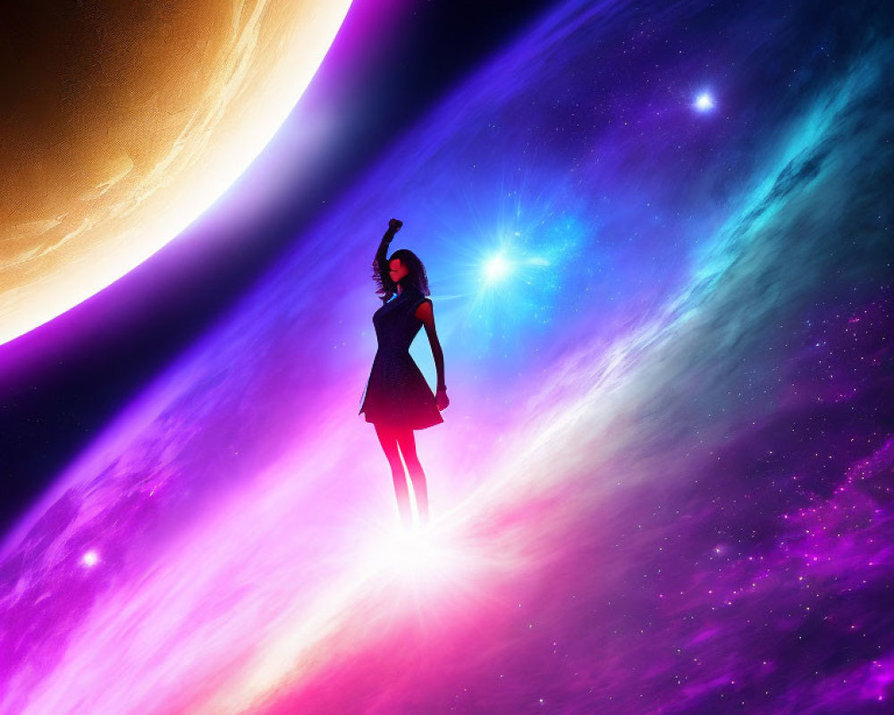 Silhouette of person against vibrant cosmic backdrop with planet and stars