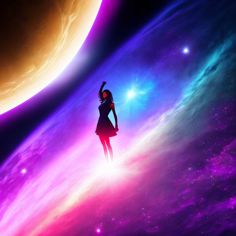 Silhouette of person against vibrant cosmic backdrop with planet and stars